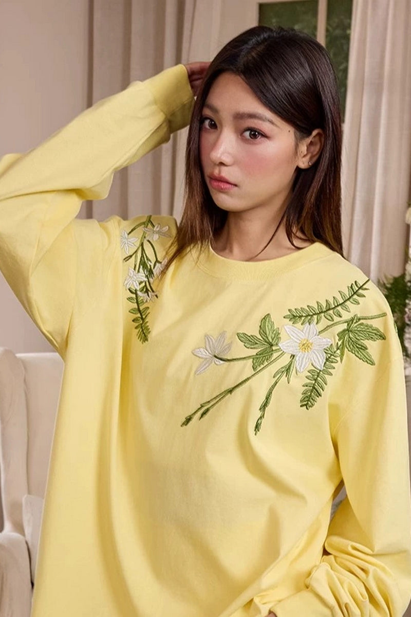 Botanical Embroidery Long Sleeve Tee