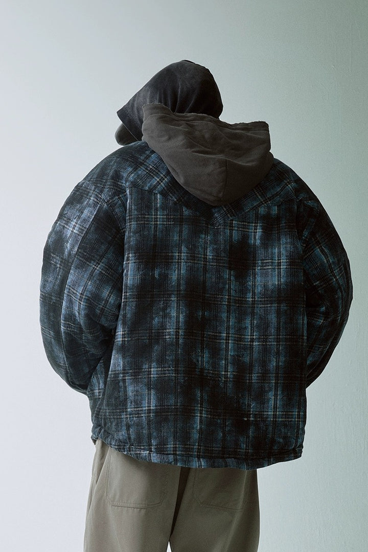 Plaid Layered Hooded Puffer Jacket