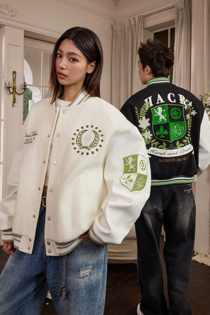 Crest Embroidery Loose Varsity Jacket