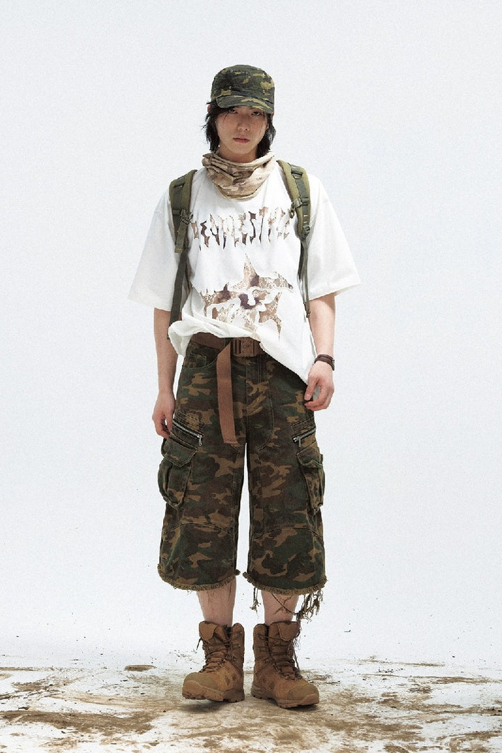 Camo Frayed Loose Utility Shorts