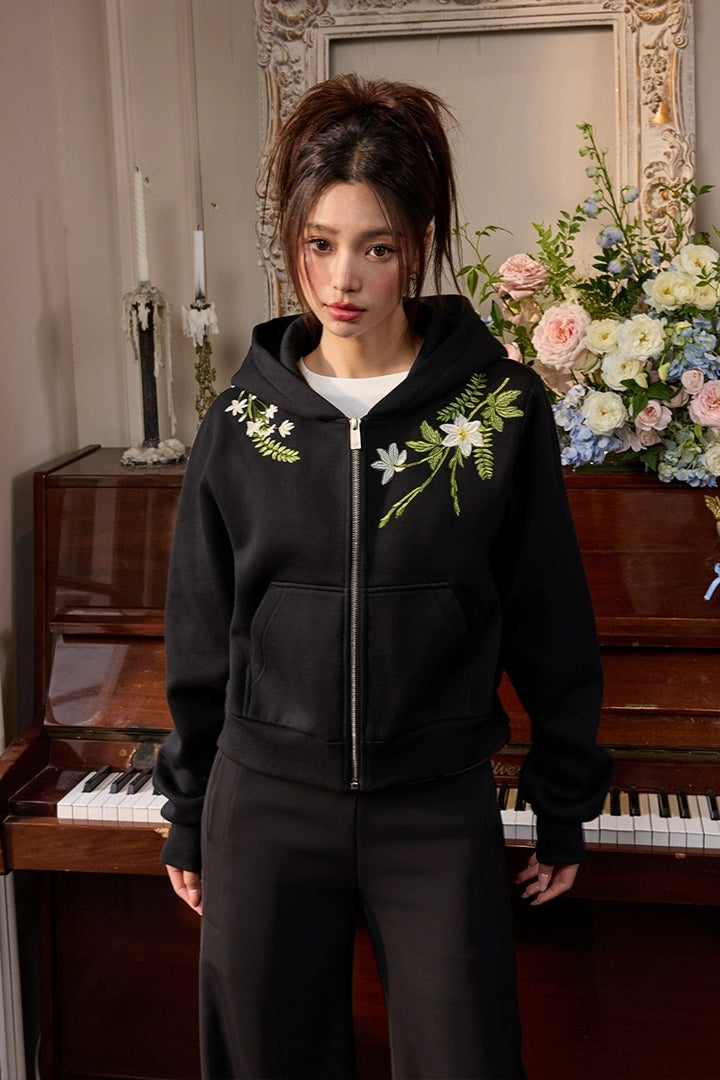 Floral Embroidery Crop Zip Hoodie