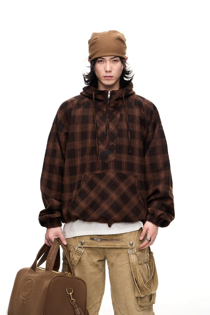 Plaid Contrast Drawstring Half-Zip Hoodie