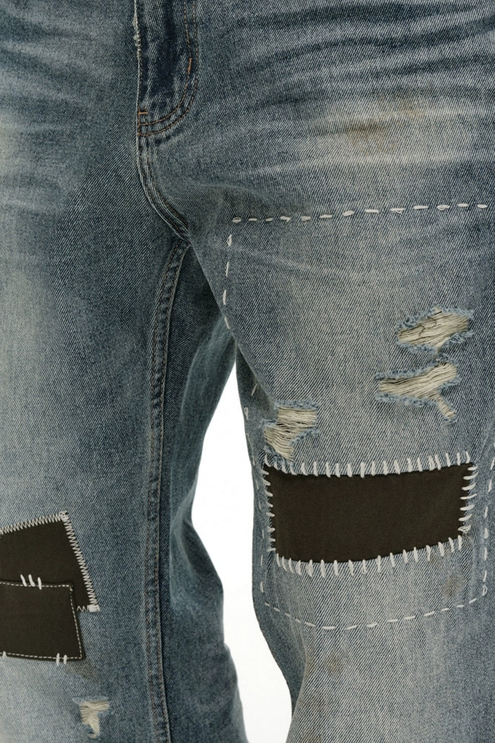 Washed Whisker Patchwork Straight Jeans