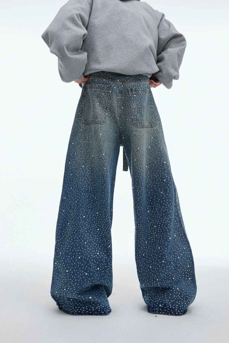 Starry Rhinestone Washed Wide-Leg Jeans
