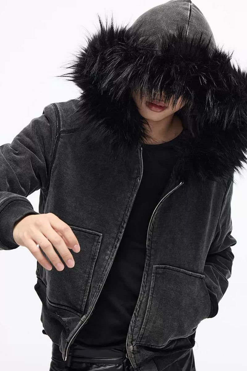 Detachable Fur Collar Washed Hoodie Jacket