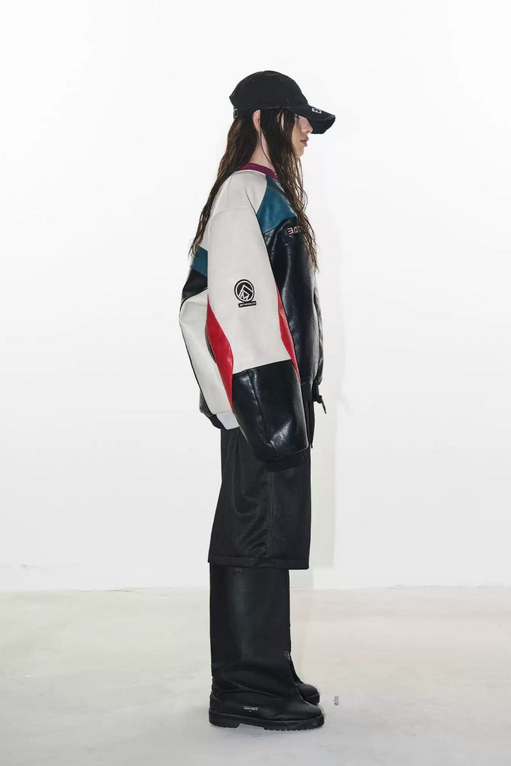 Colorblock Embroidered Biker Jacket