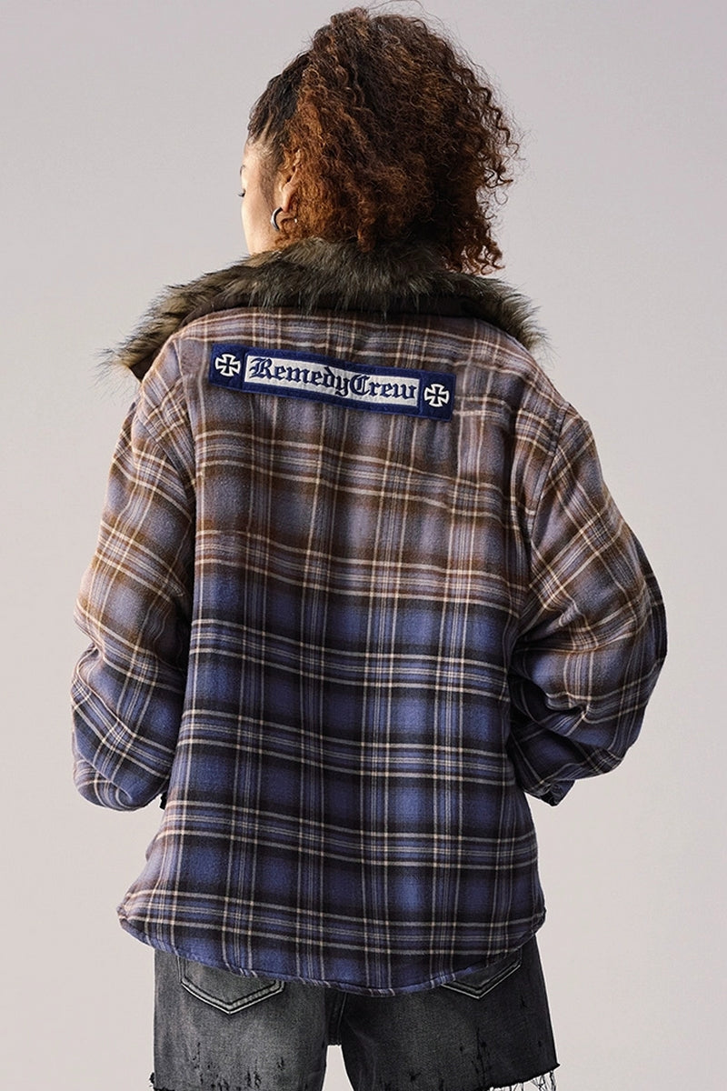 Gradient Plaid Faux Fur Puffer Jacket