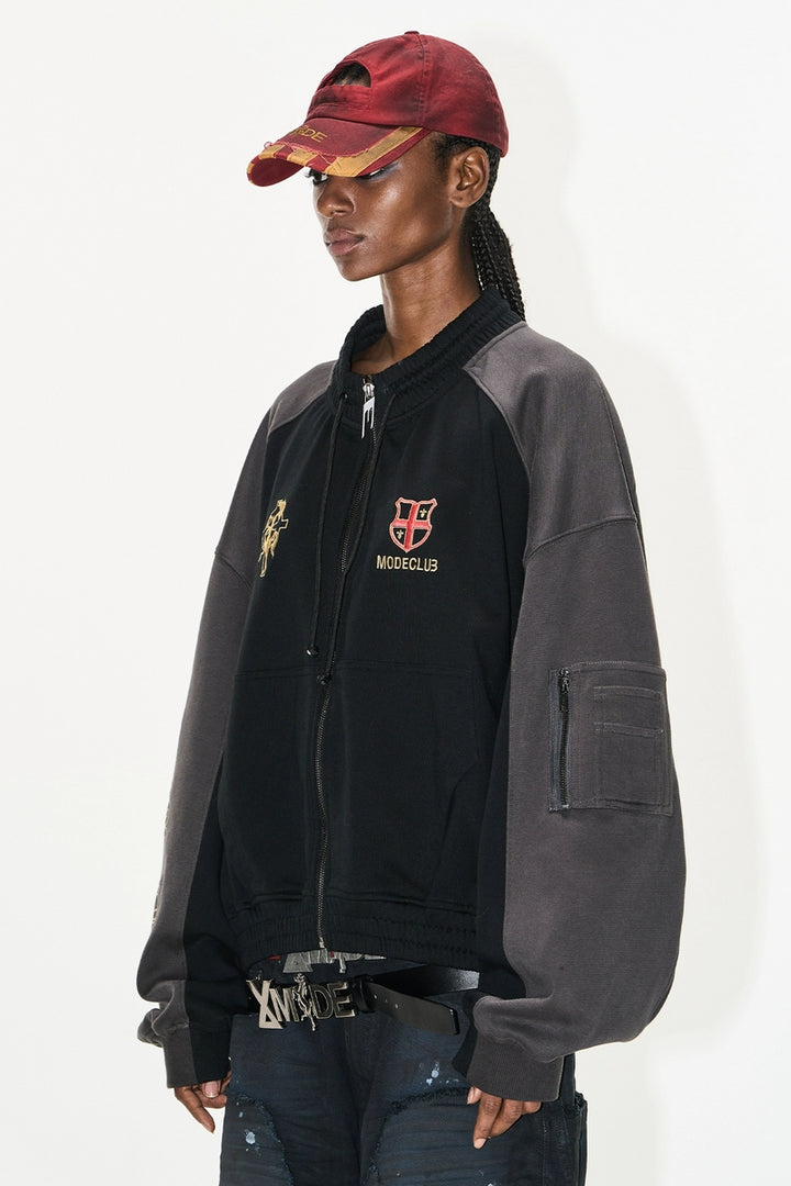 Ruched Colorblock Embroidered Hoodie