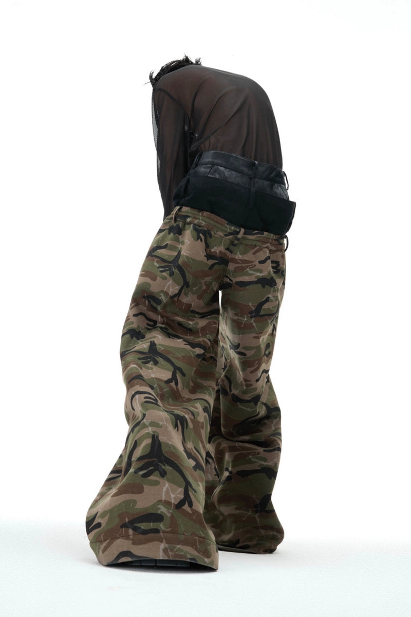 Camo Triple-Waist Wide-Leg Pants