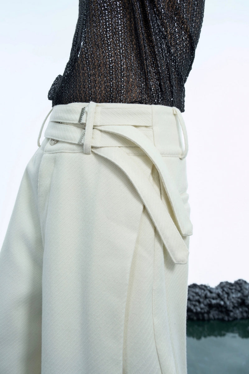 Double-Belt Wool Wide-Leg Trousers