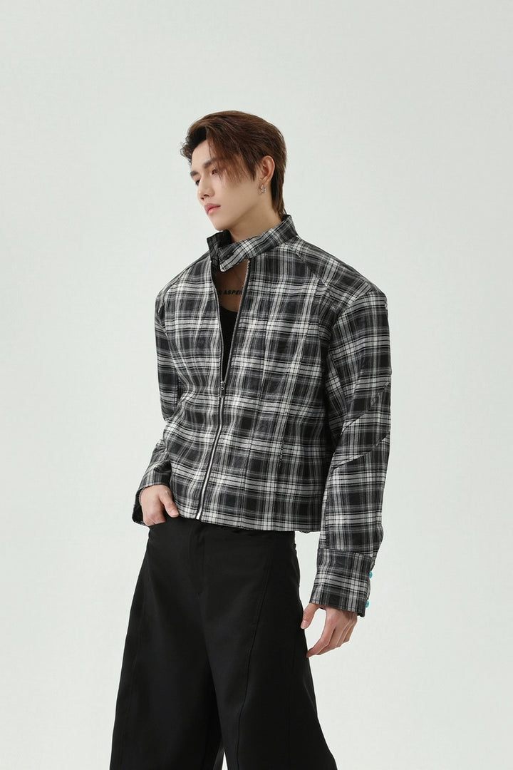 Plaid Stand Collar Padded Shoulder Jacket