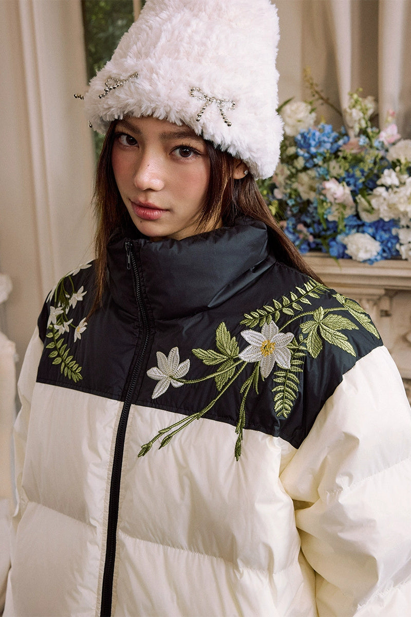 White Floral Wreath Embroidered Puffer