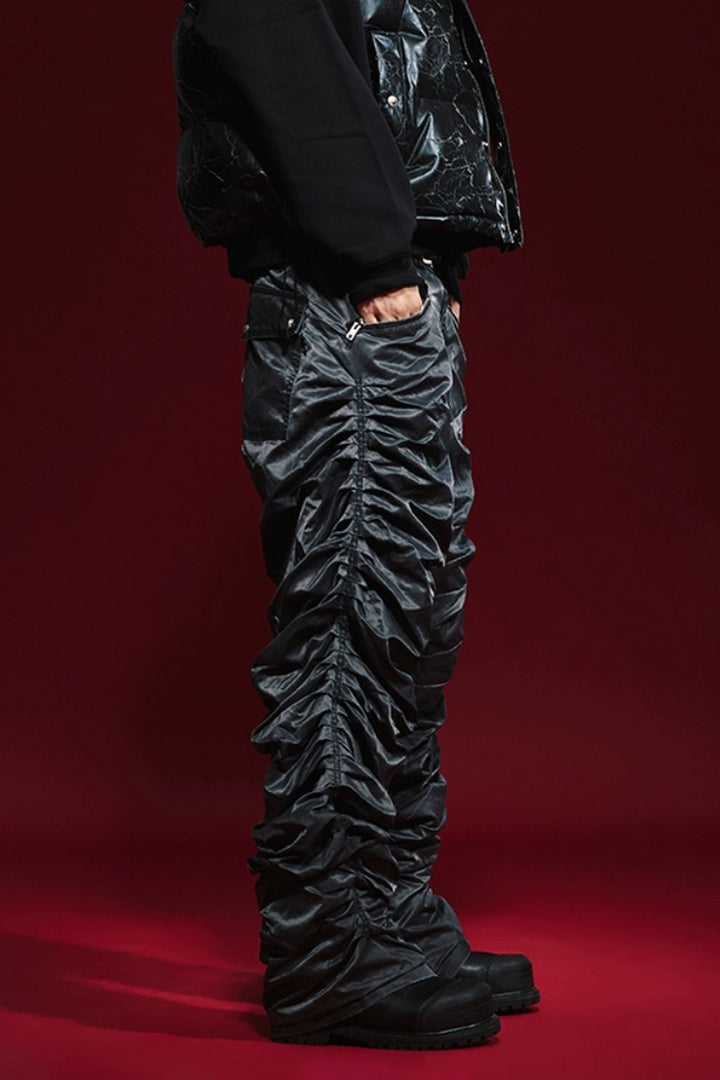 Wrinkled Straight-Leg Zipper Pants