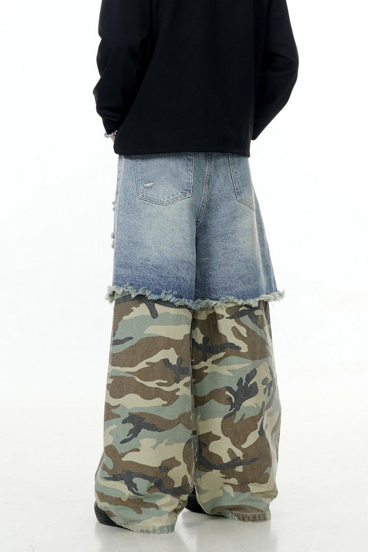 Blue Camo Patchwork Wide-Leg Pants