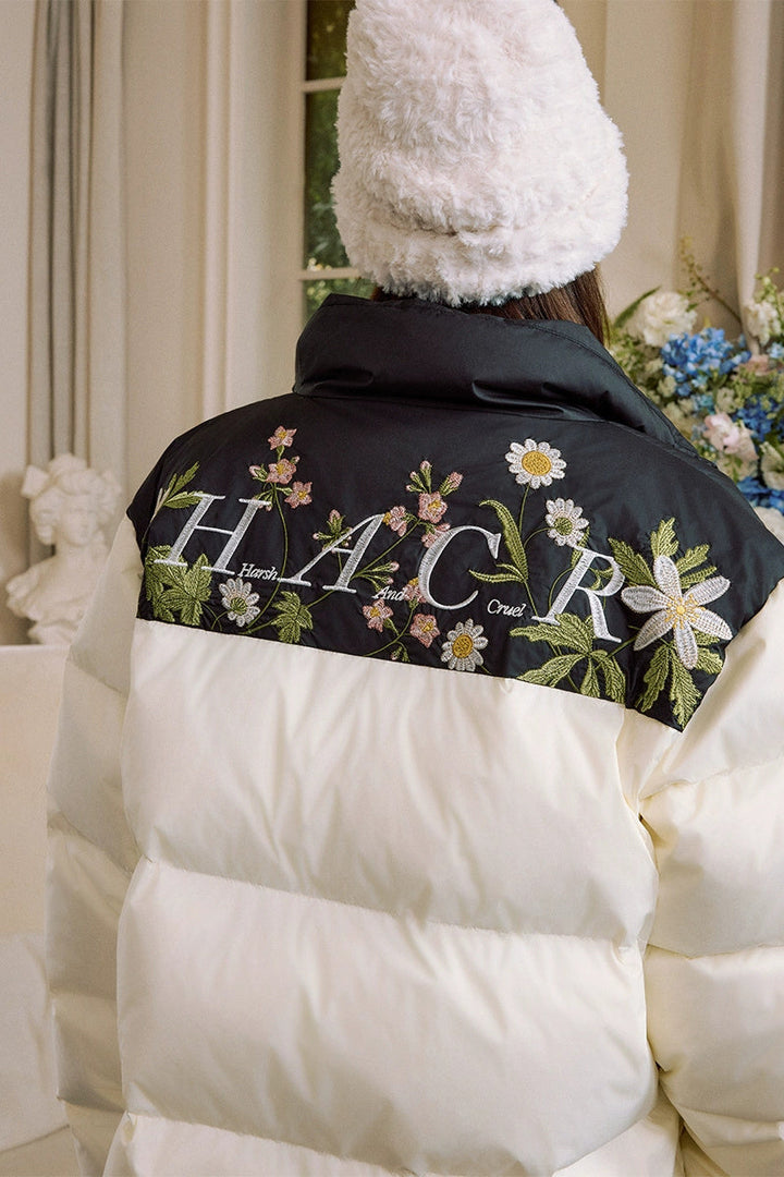 Colorblock Floral Embroidered Puffer