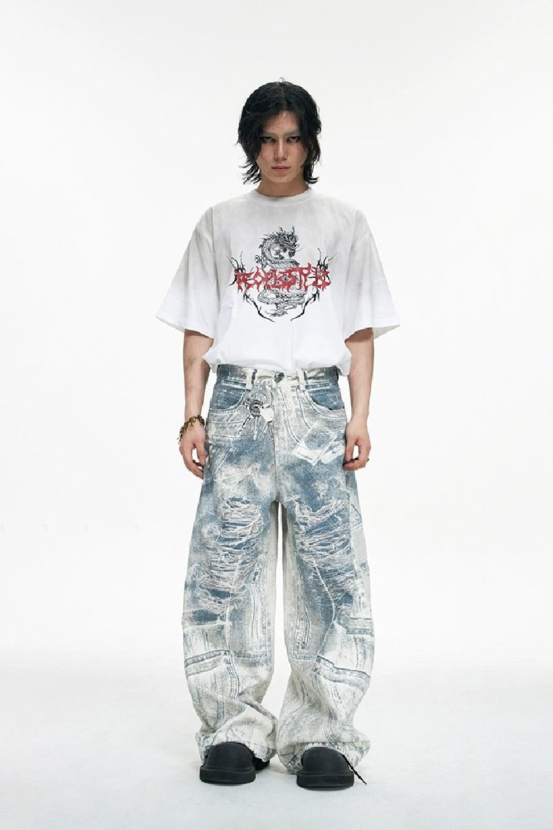 Vintage 3D Print Baggy Jeans