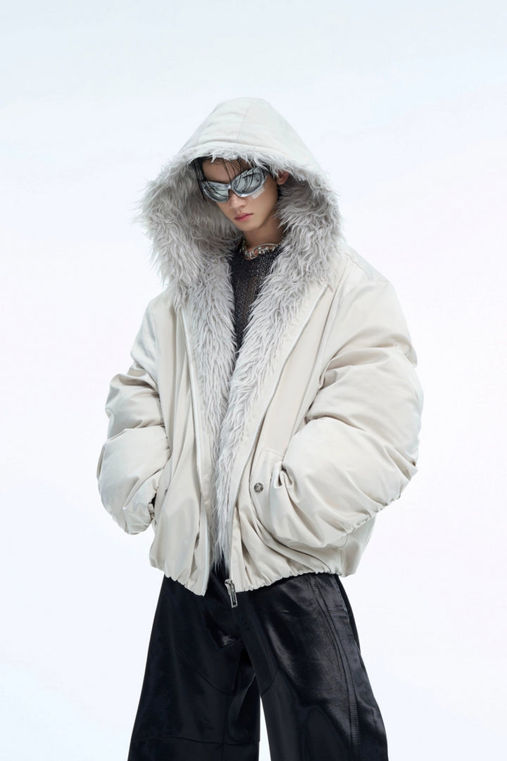 Faux Fur Hooded Baseball Puffer Jacket