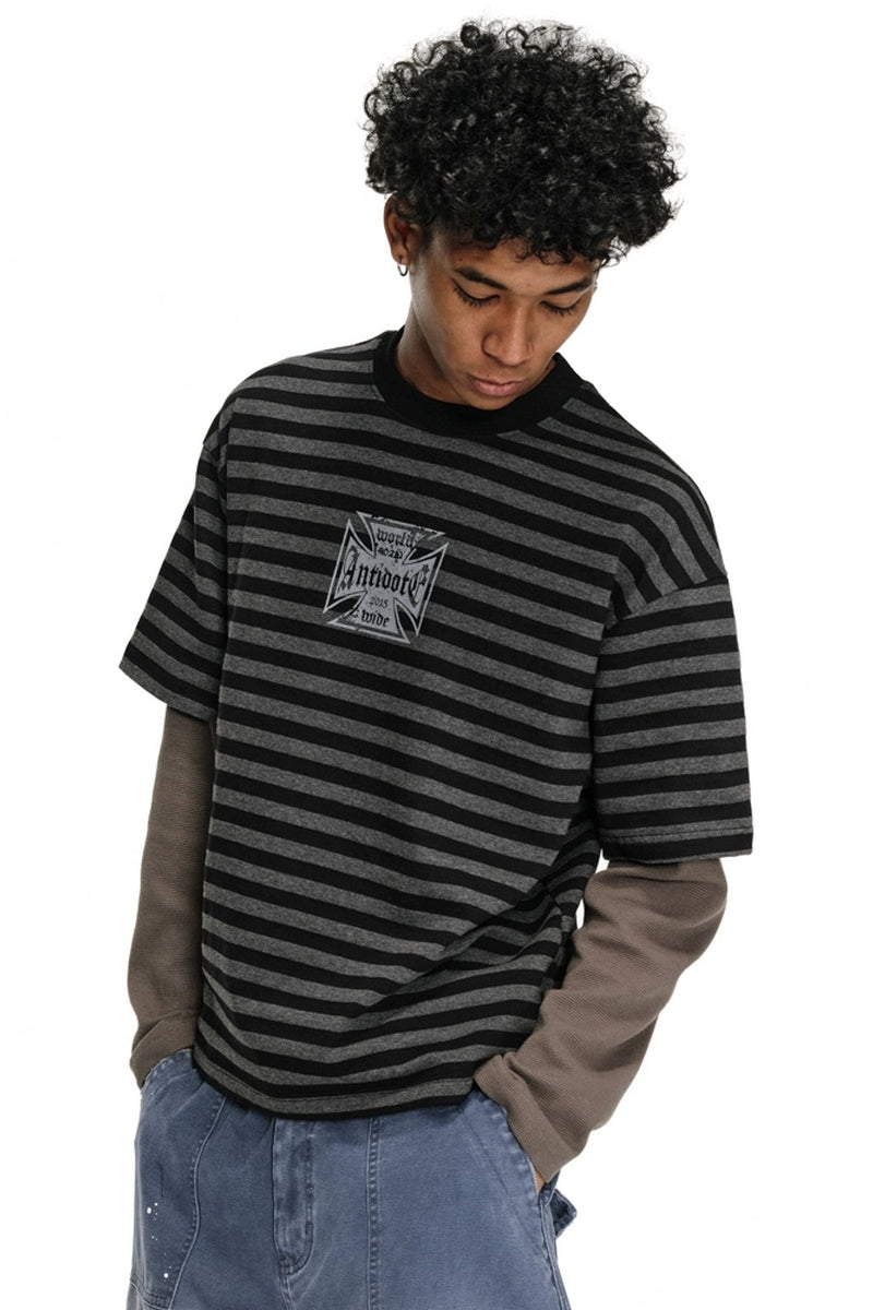 Layered Stripe Patchwork Graphic Long Sleeve Tee