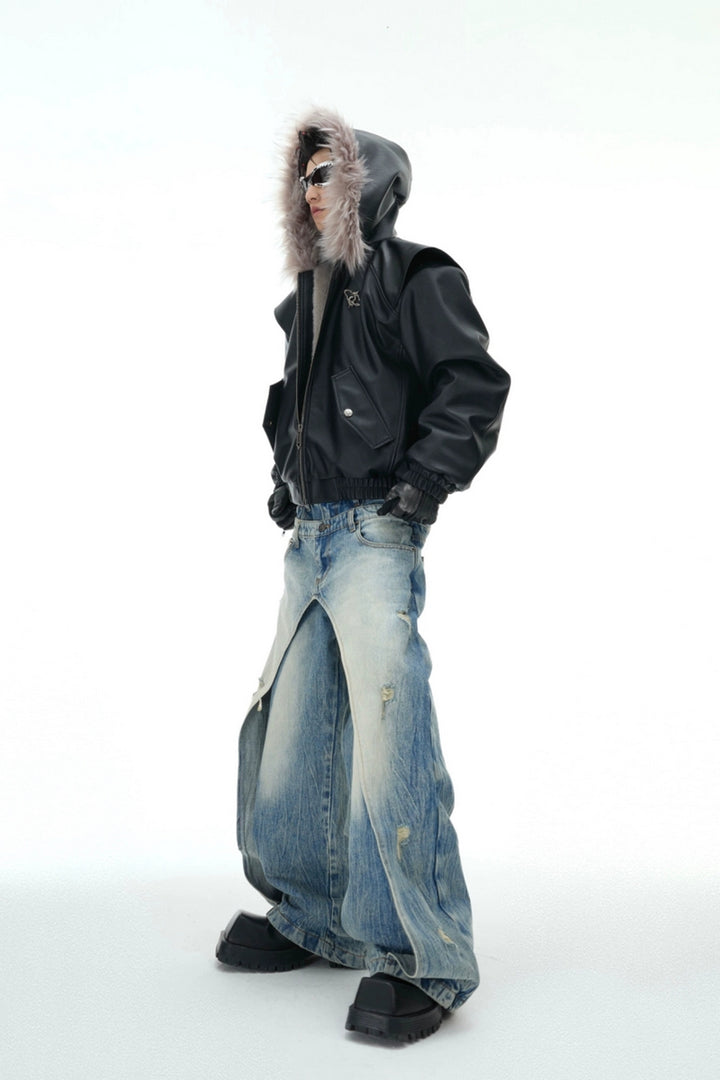 Layered Distressed Washed Blue Jeans