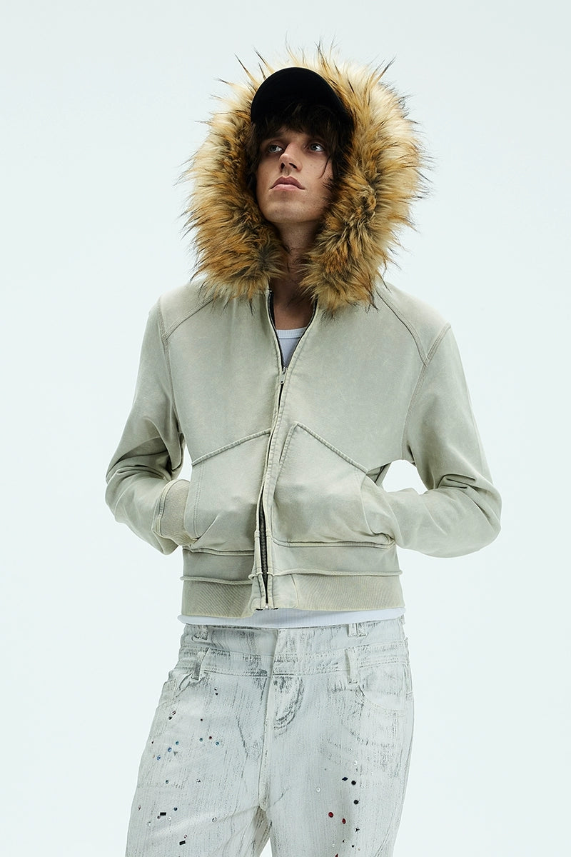 Detachable Fur Collar Washed Zip Hoodie