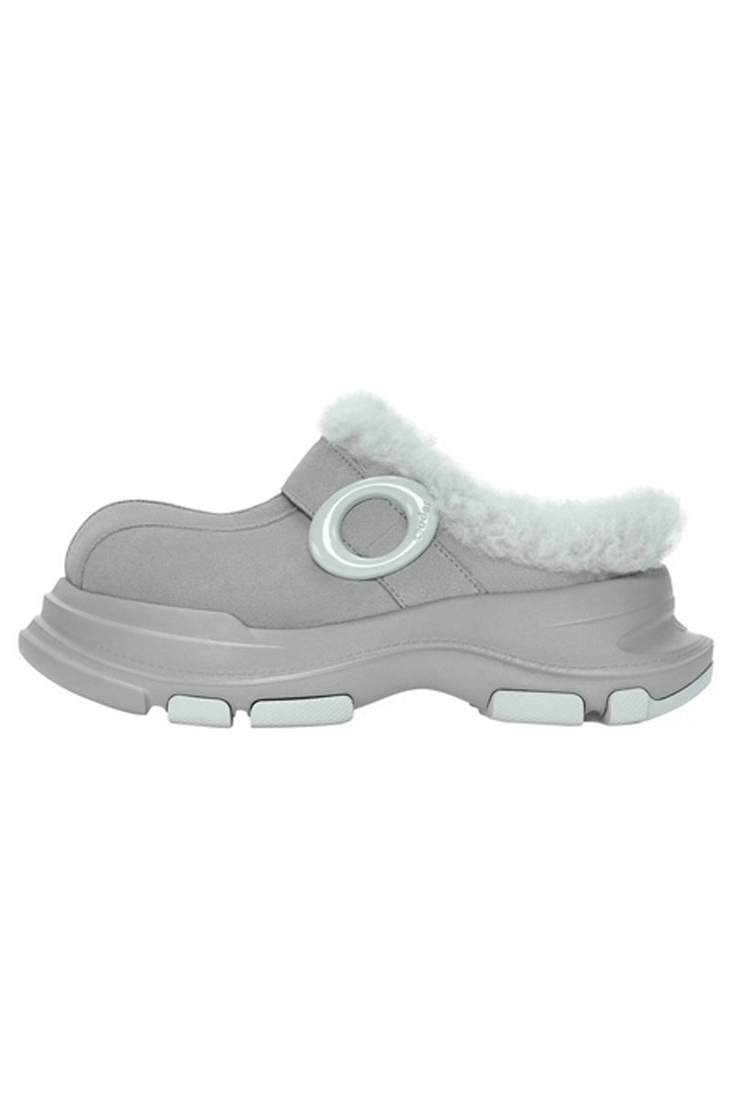 Gray Leather Wool Slip-On Mules