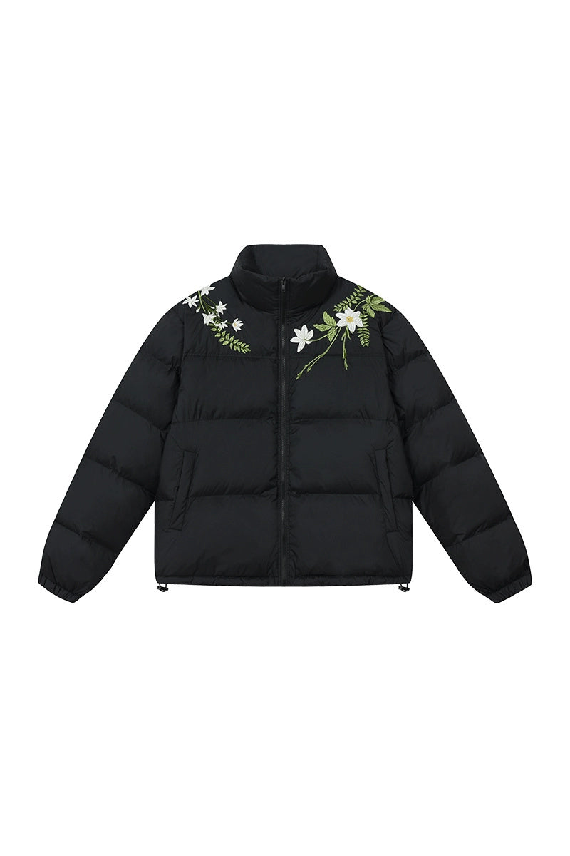 White Floral Wreath Embroidered Puffer