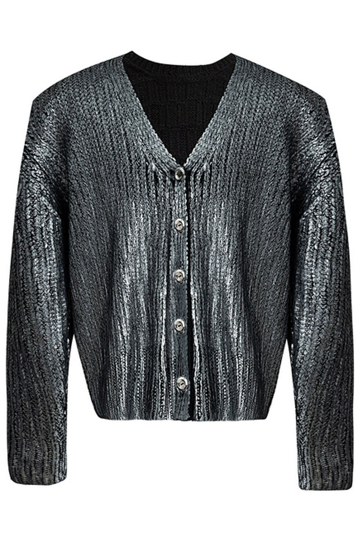 Metallic V-Neck Heavy Knit Sweater