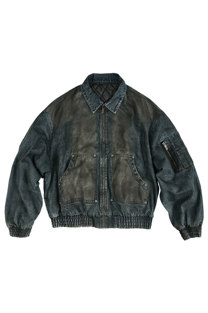 Vintage Washed Padded Denim Biker Jacket