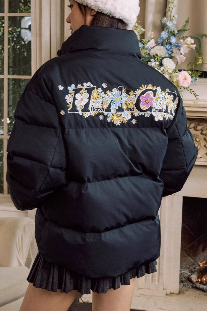 Cutout Cartoon Embroidered Puffer Jacket