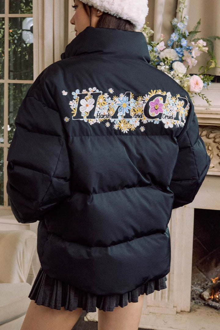 Cutout Cartoon Embroidered Puffer Jacket