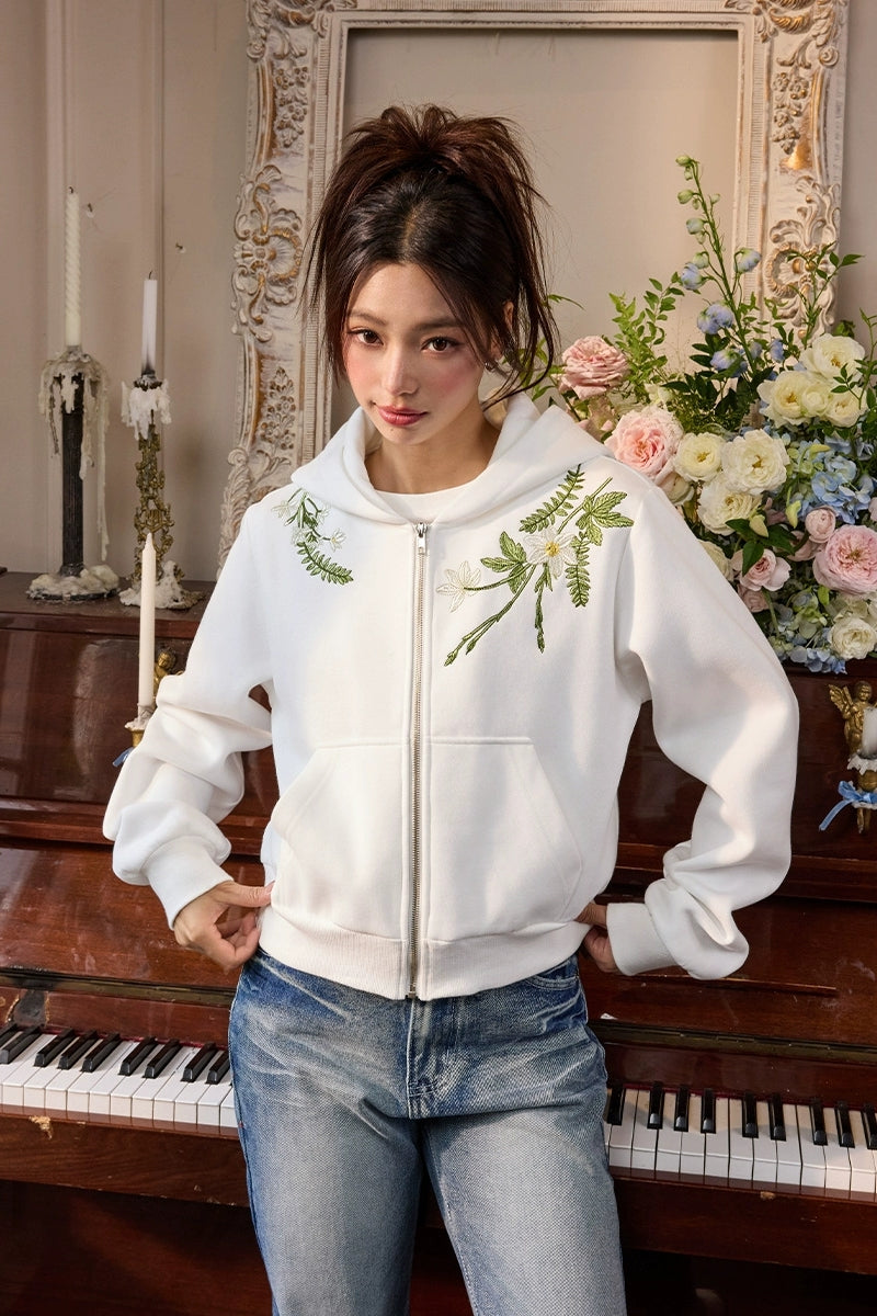 Floral Embroidery Crop Zip Hoodie