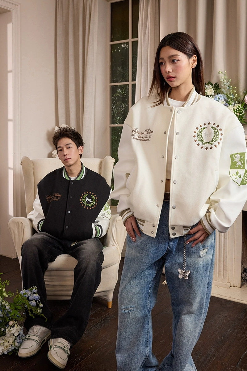 Crest Embroidery Loose Varsity Jacket