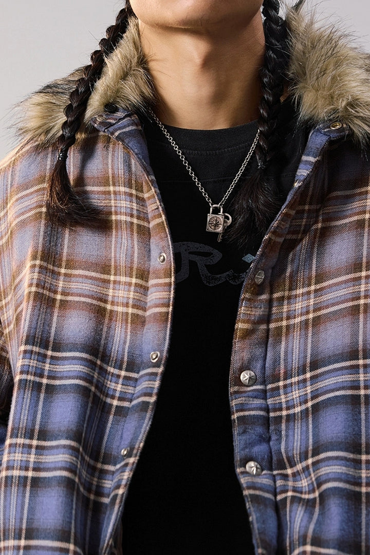 Gradient Plaid Faux Fur Puffer Jacket