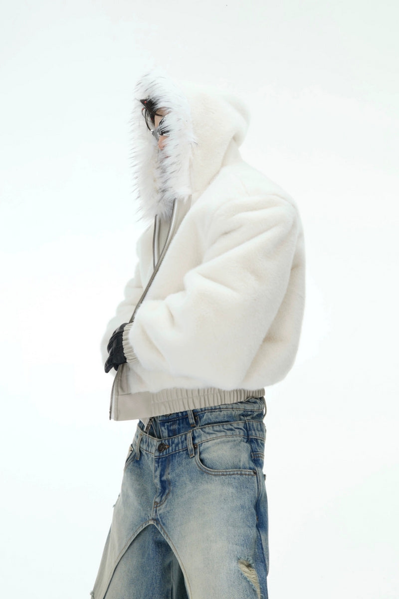 Reversible Faux Fur Hooded PU Jacket