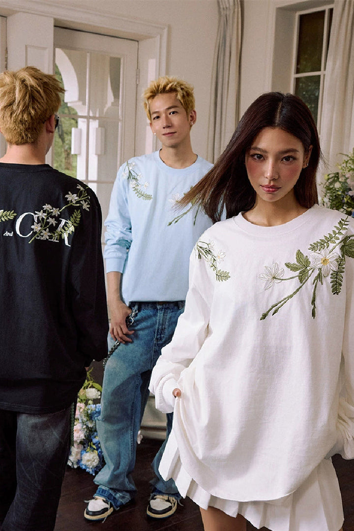 Floral Embroidered Oversized Long Sleeve Tee