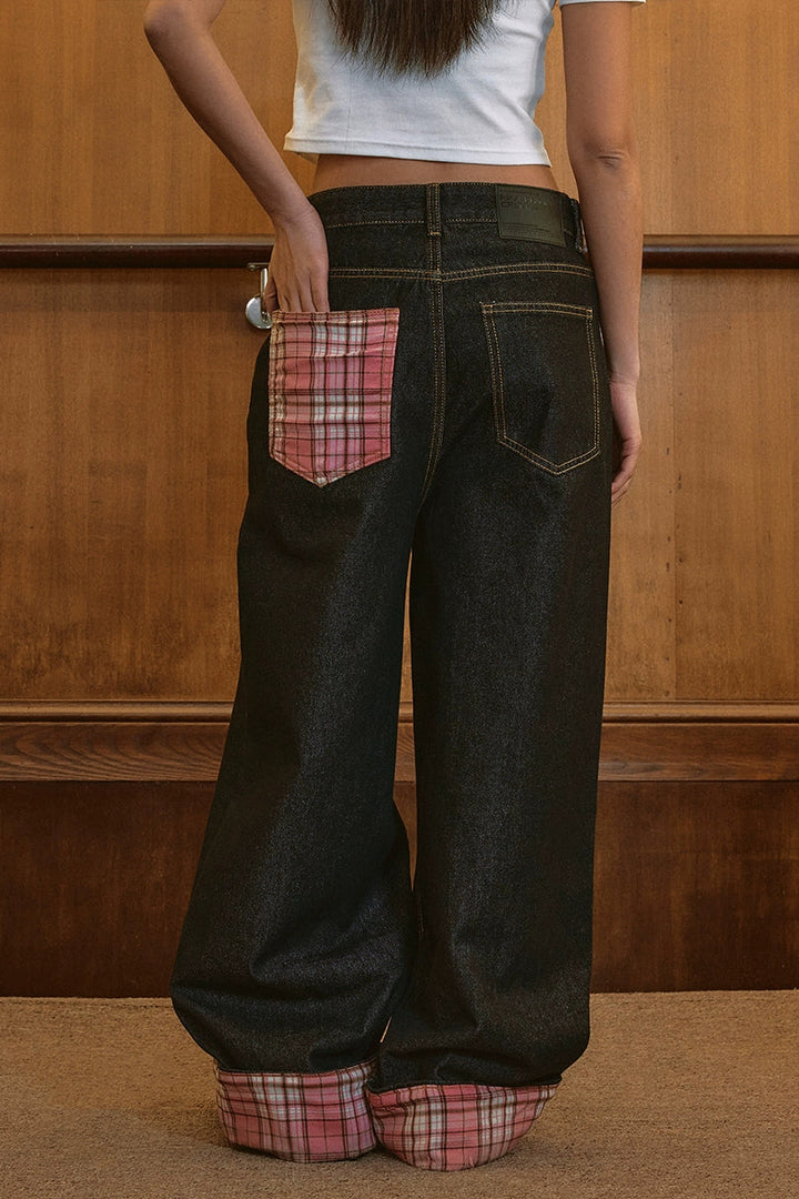 Plaid Patchwork Straight Leg Jeans