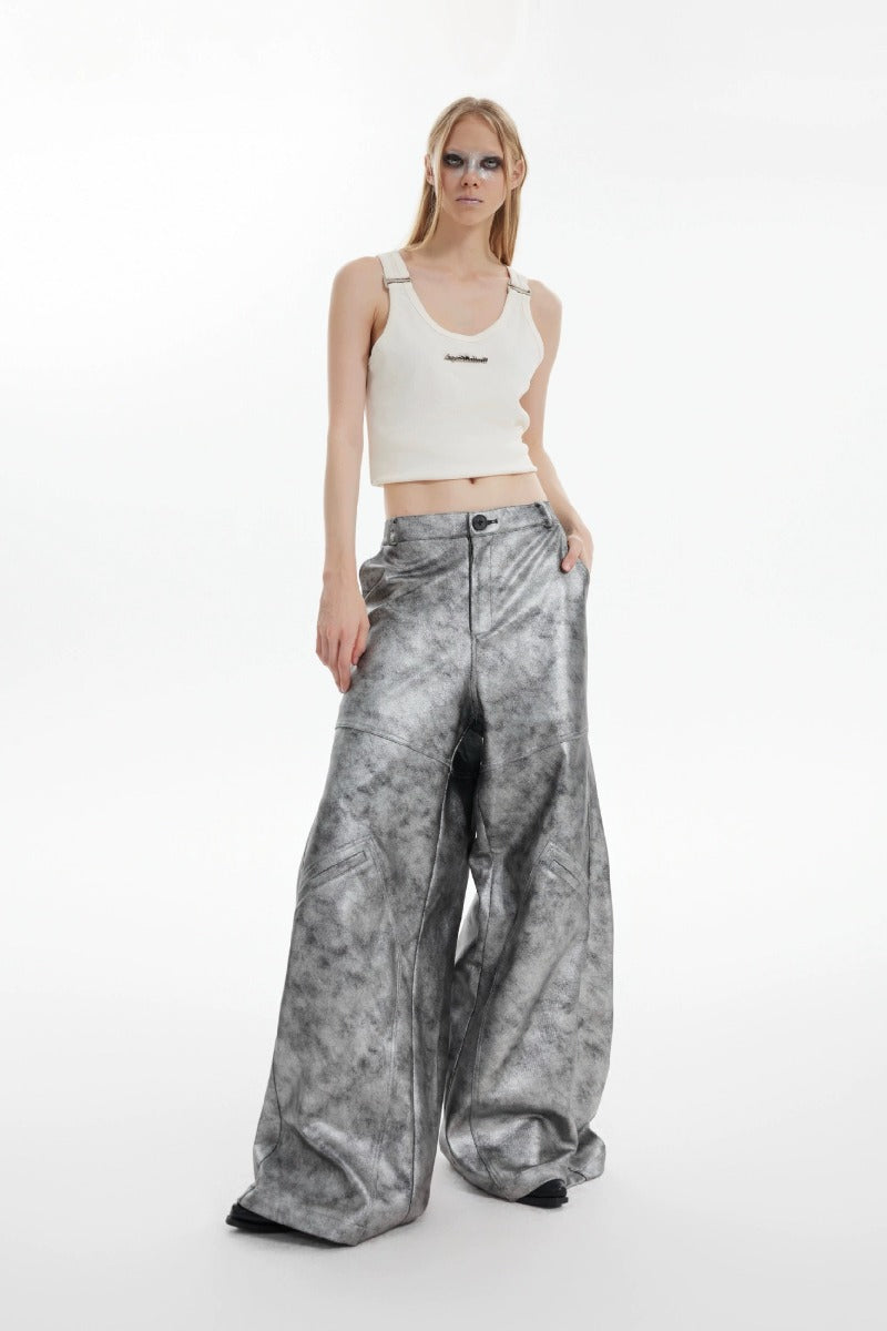 Textured Silver Wide-Leg Leather Pants