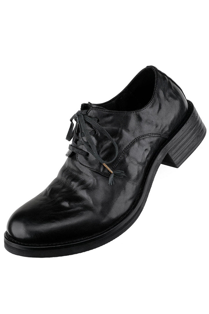 Wrinkled Leather Pointed Derby Shoes