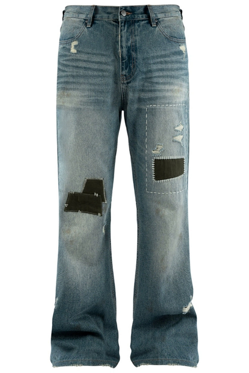 Washed Whisker Patchwork Straight Jeans