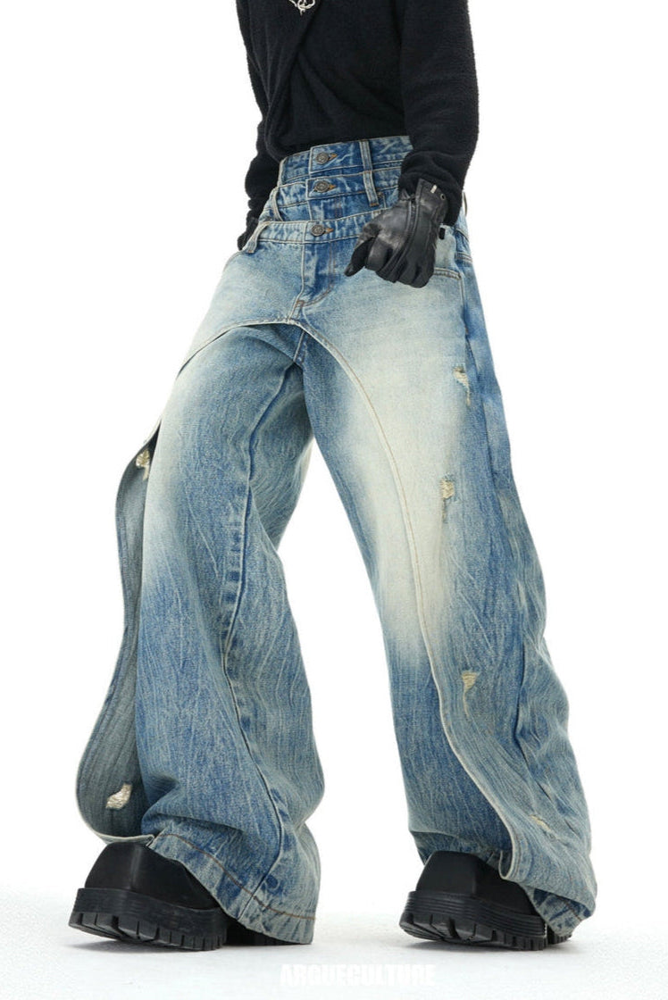 Layered Distressed Washed Blue Jeans