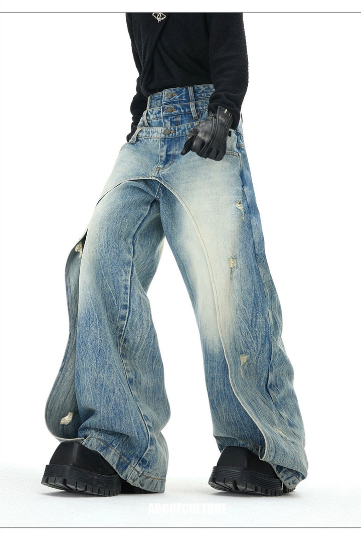 Layered Distressed Washed Blue Jeans