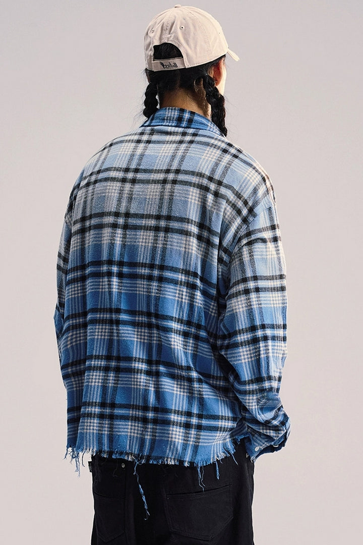 Washed Gradient Fringe Plaid Shirt