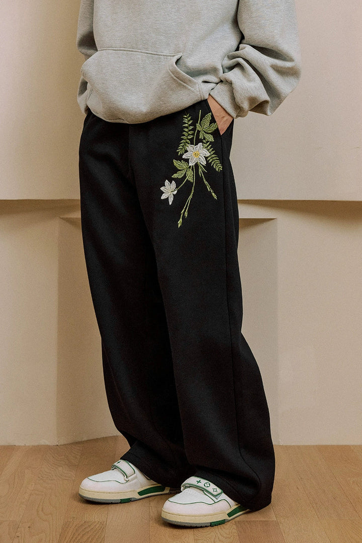 Floral Embroidered Wide-Leg Sweatpants