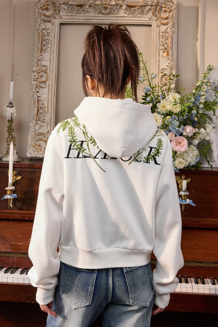 Floral Embroidery Crop Zip Hoodie