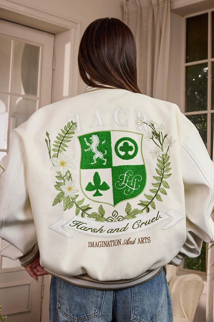 Crest Embroidery Loose Varsity Jacket