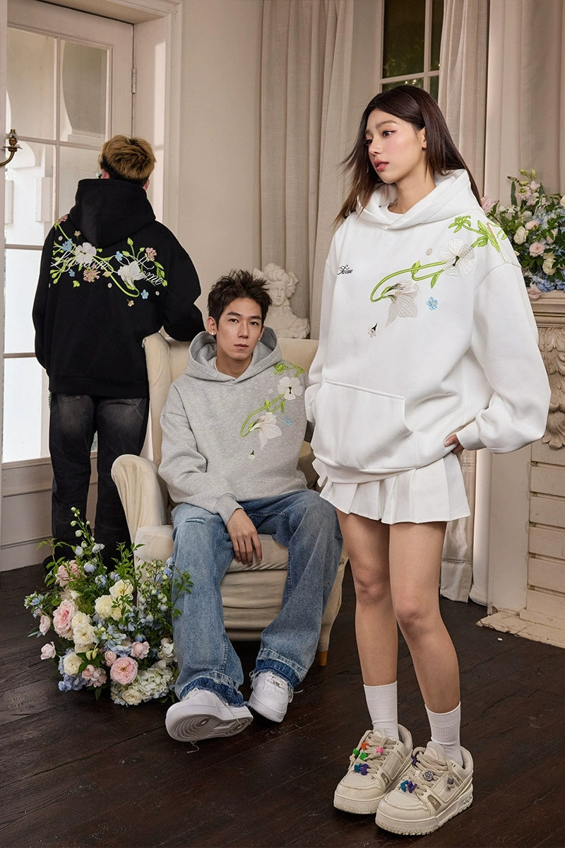 Vine Floral Embroidery Fleece Hoodie