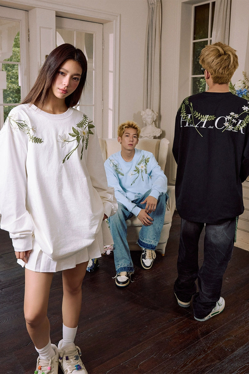 Floral Embroidered Oversized Long Sleeve Tee