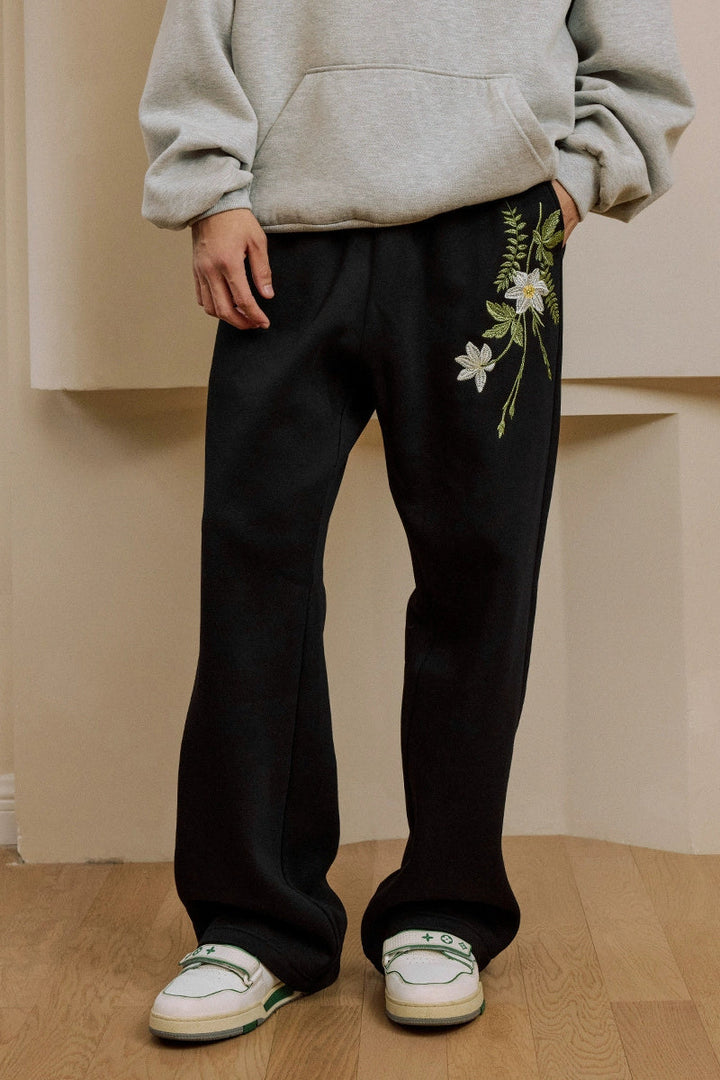 Floral Embroidered Wide-Leg Sweatpants