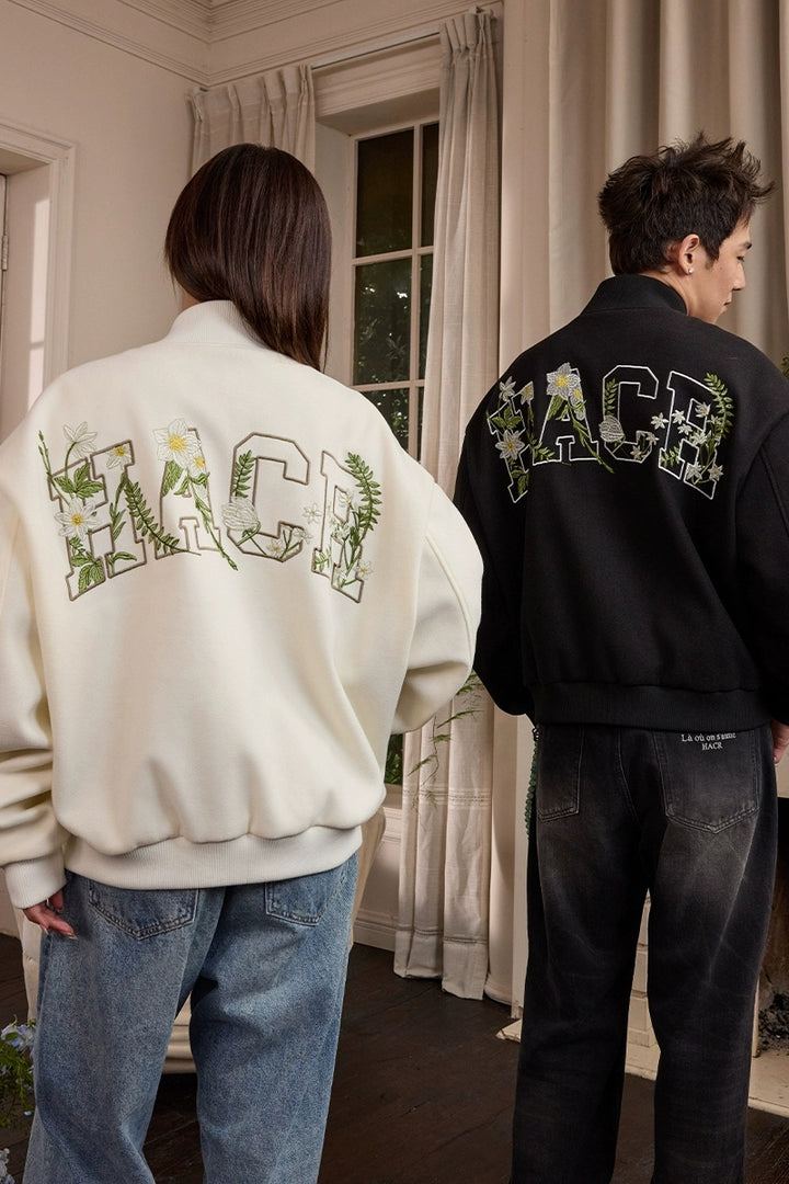 Floral Script Embroidery Varsity Jacket