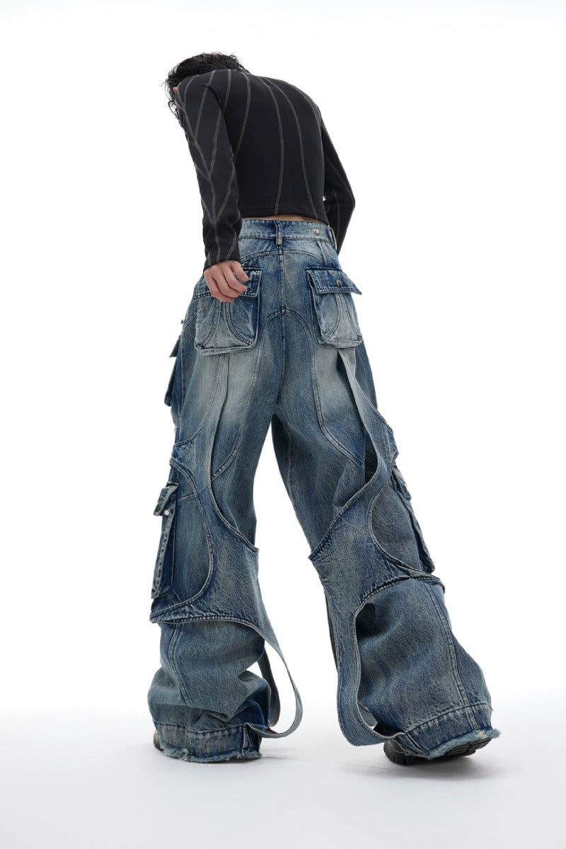 Washed Wide-Leg Cargo Jeans